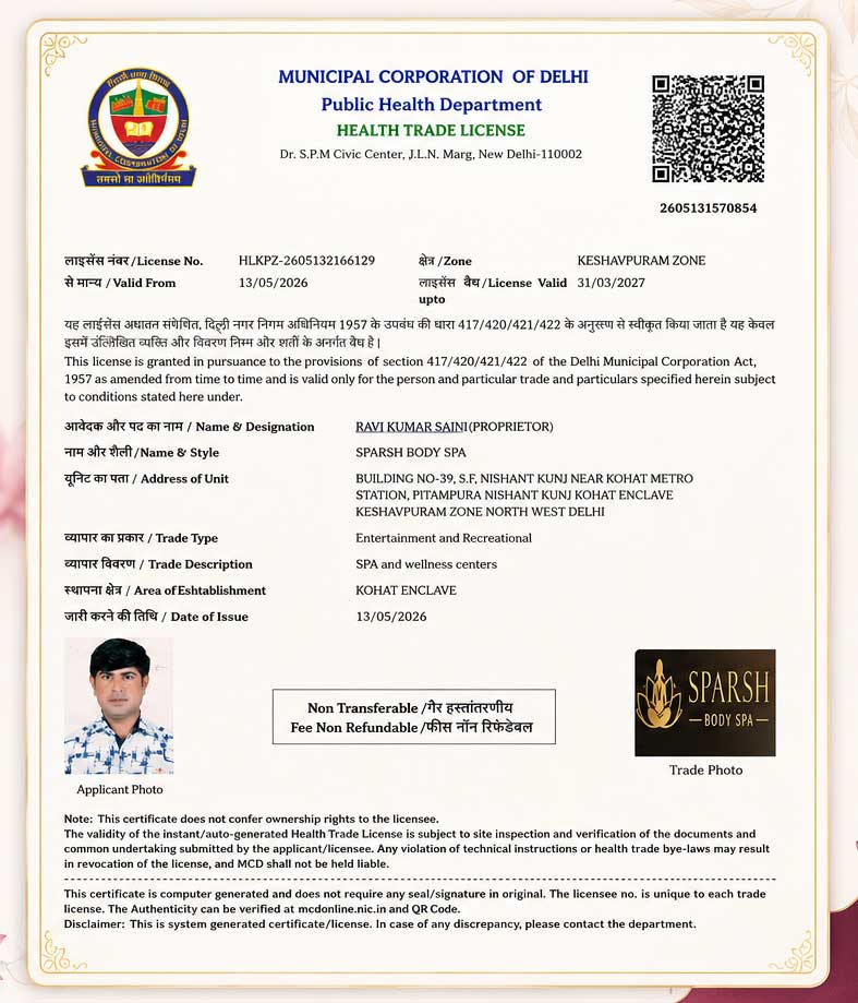 Sparsh Body Spa MCD Health Trade License